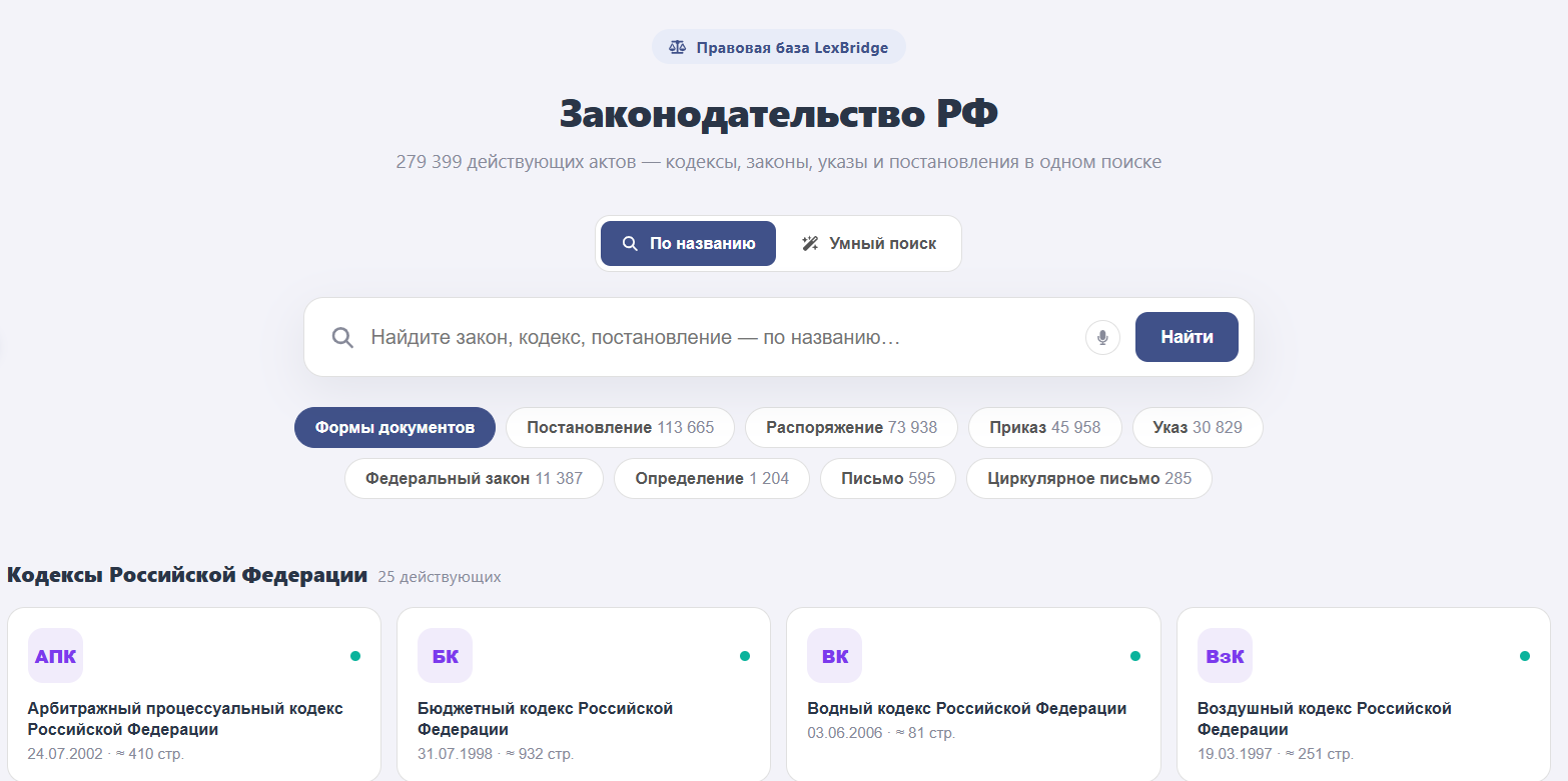 Главная страница раздела Законодательство: поиск по названию и семантический, разбивка по типам актов, кодексы плиткой
